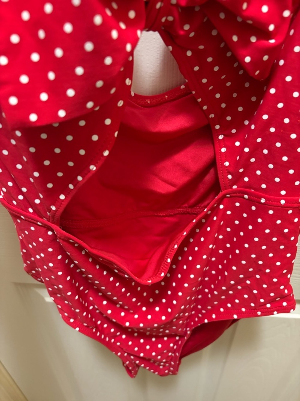 Betsey Johnson Red Polka Dot One Piece Swimsuit Size M Retro Pin Up Bow Cutout - Picture 3 of 11